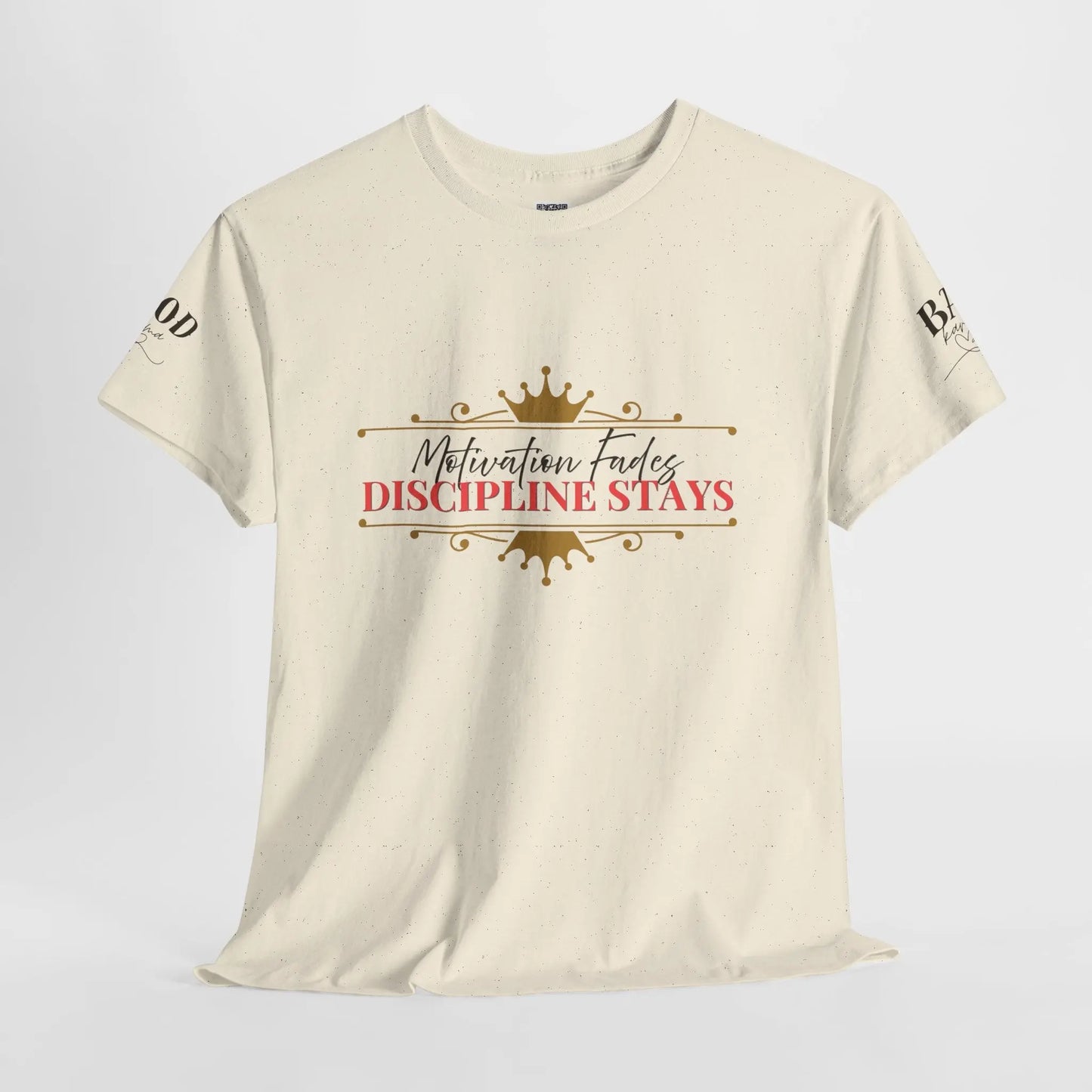 Women's motivational graphic T-shirt with "Motivation Fades. Discipline Stays." print, promoting empowerment and discipline over motivation.