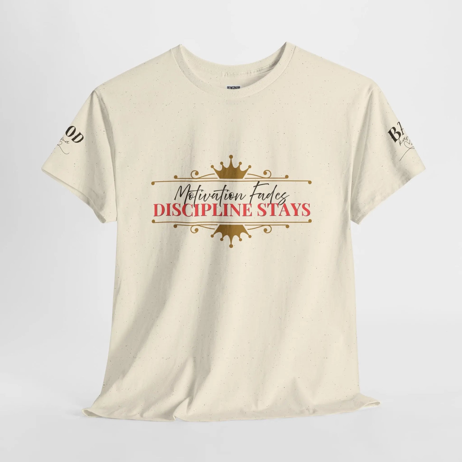 Women's motivational graphic T-shirt with "Motivation Fades. Discipline Stays." print, promoting empowerment and discipline over motivation.