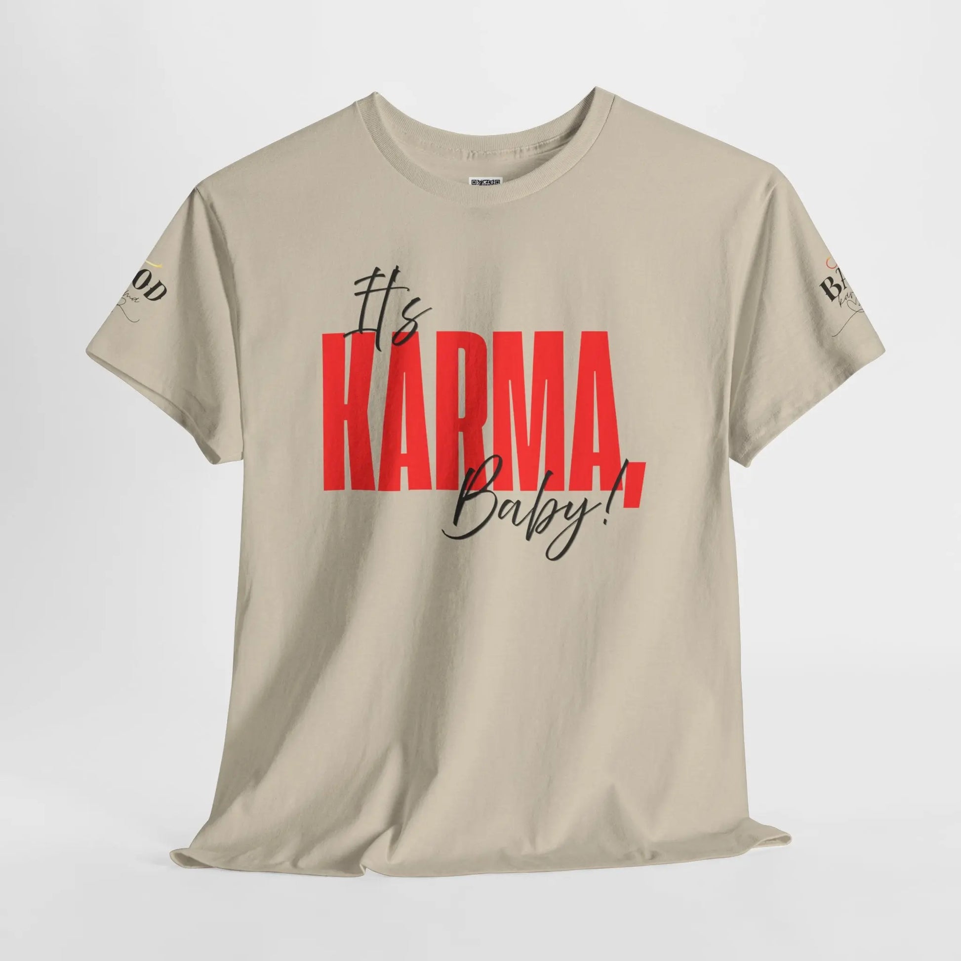 Women’s “It’s Karma, Baby” spiritual empowerment graphic T-shirt by Printify featuring motivational statement and bold design.
