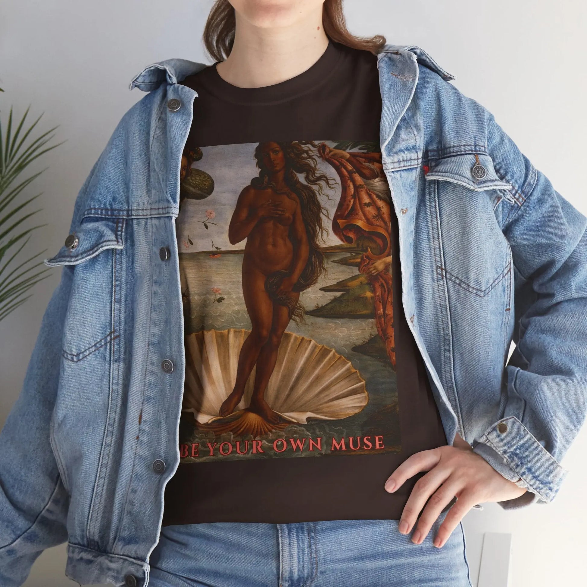 Renaissance Goddess T-Shirt for women featuring empowering "Be Your Own Muse" graphic, inspired by feminine energy and inspiration.