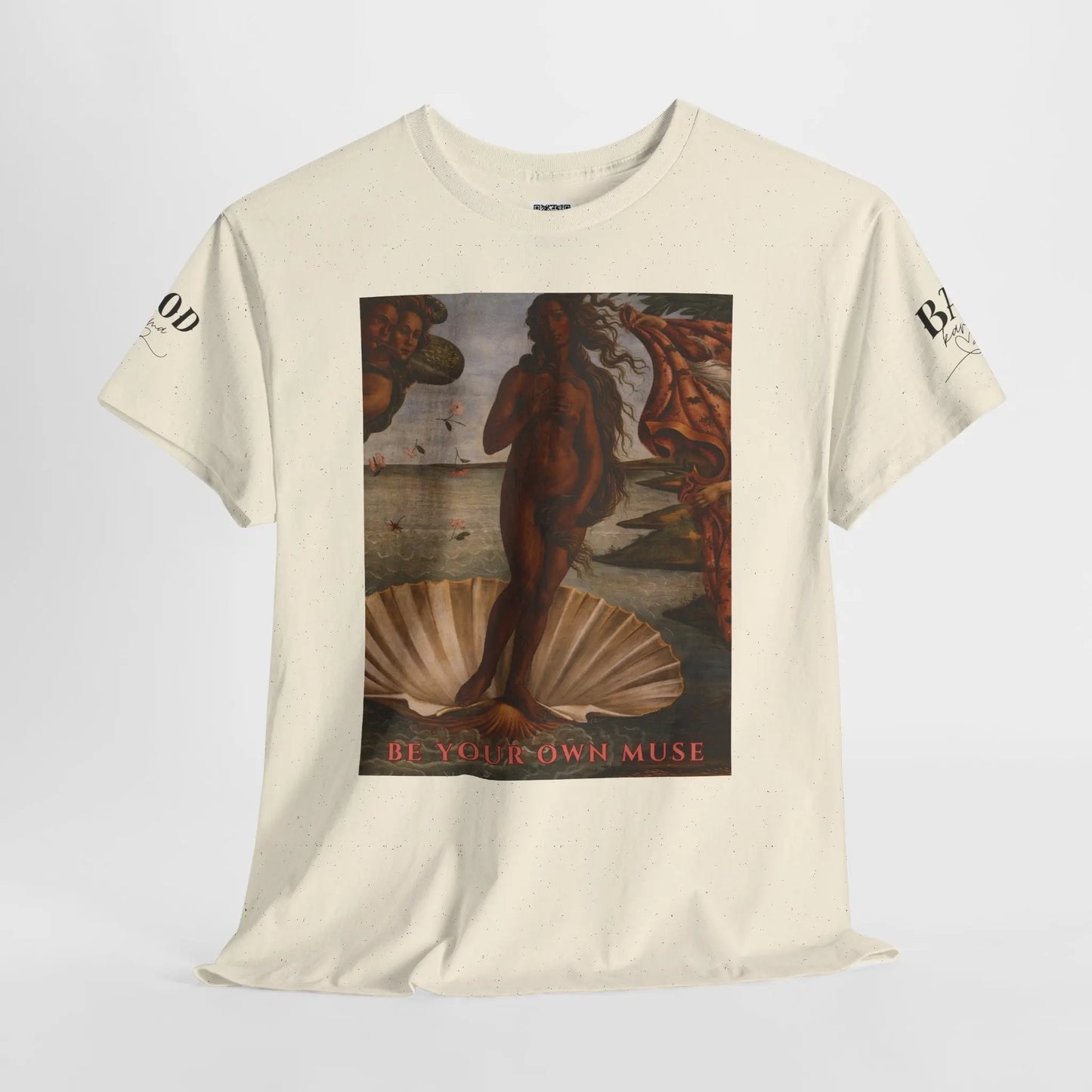 Renaissance goddess T-shirt for women with empowering “Be Your Own Muse” print, featuring inspirational feminine energy graphic.