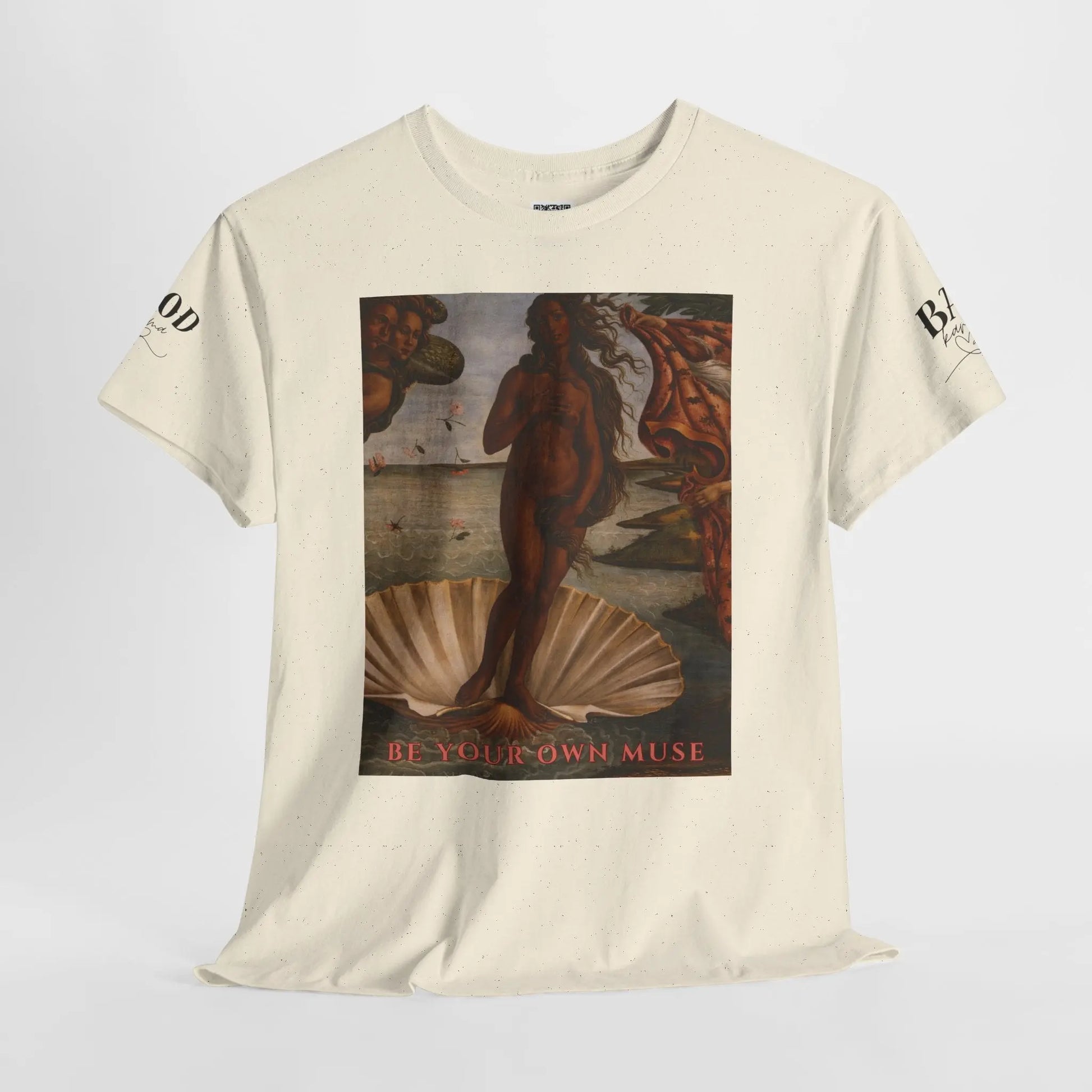 Renaissance goddess T-shirt for women with empowering “Be Your Own Muse” print, featuring inspirational feminine energy graphic.