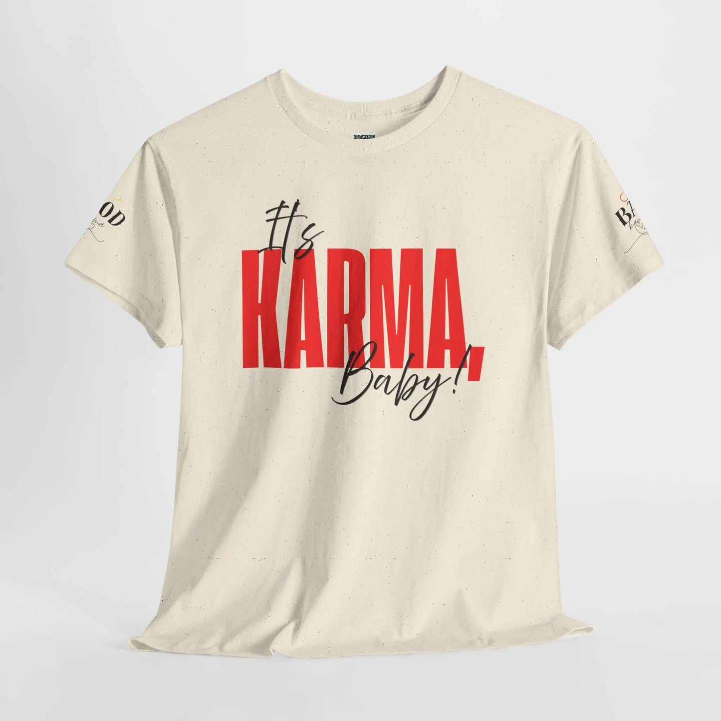 Women’s “It’s Karma, Baby” spiritual empowerment graphic T-shirt by Printify featuring motivational statement and bold design.