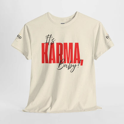 Women’s “It’s Karma, Baby” spiritual empowerment graphic T-shirt by Printify featuring motivational statement and bold design.