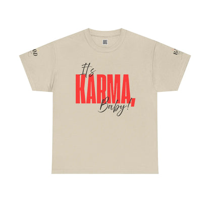Women’s "It’s Karma, Baby" graphic T-shirt by Printify featuring a motivational spiritual karma statement design.