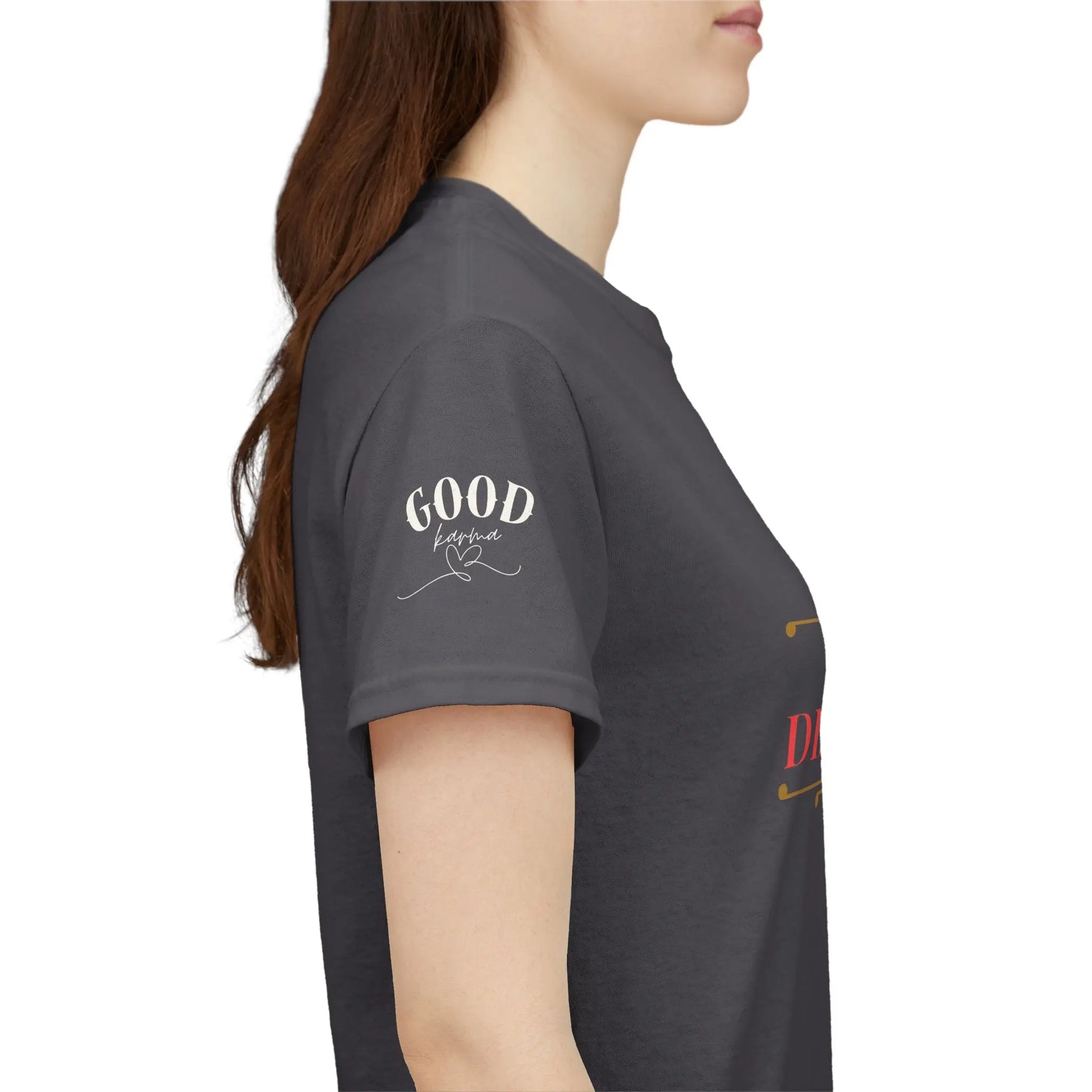 Women’s motivational graphic T-shirt with the phrase "Motivation Fades. Discipline Stays." in bold black text on a white Printify shirt.