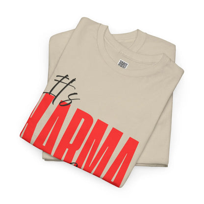 Women's "It’s Karma, Baby" empowerment graphic T-shirt by Printify featuring motivational spiritual message and bold design.