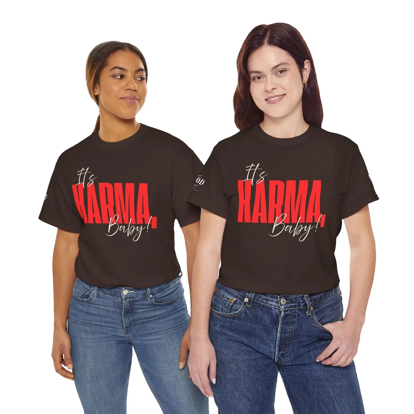 Women’s empowerment graphic T-shirt by Printify with the phrase “It’s Karma, Baby” in bold black lettering on a white tee.
