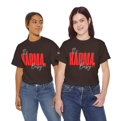 Women’s empowerment graphic T-shirt by Printify with the phrase “It’s Karma, Baby” in bold black lettering on a white tee.