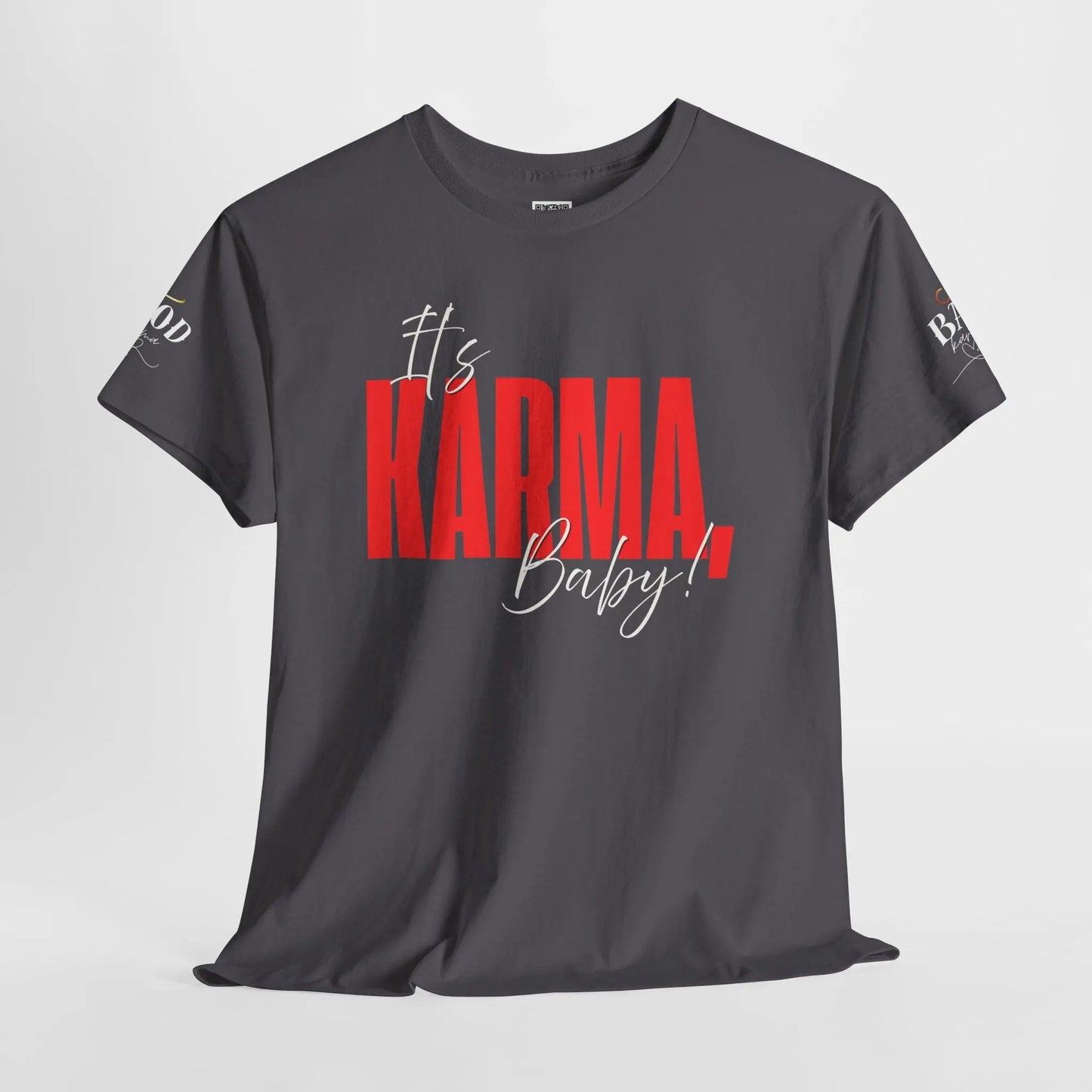 Women’s “It’s Karma, Baby” graphic T-shirt by Printify featuring a motivational spiritual statement on soft fabric.