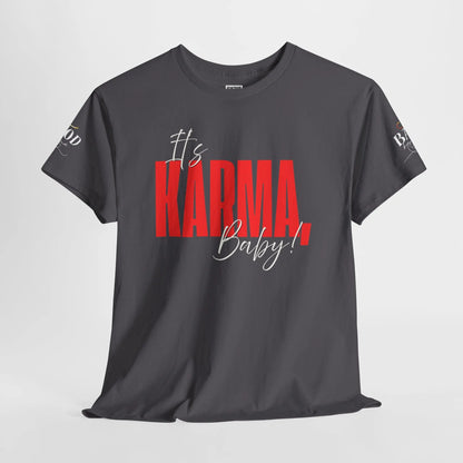 Women’s “It’s Karma, Baby” graphic T-shirt by Printify featuring a motivational spiritual statement on soft fabric.