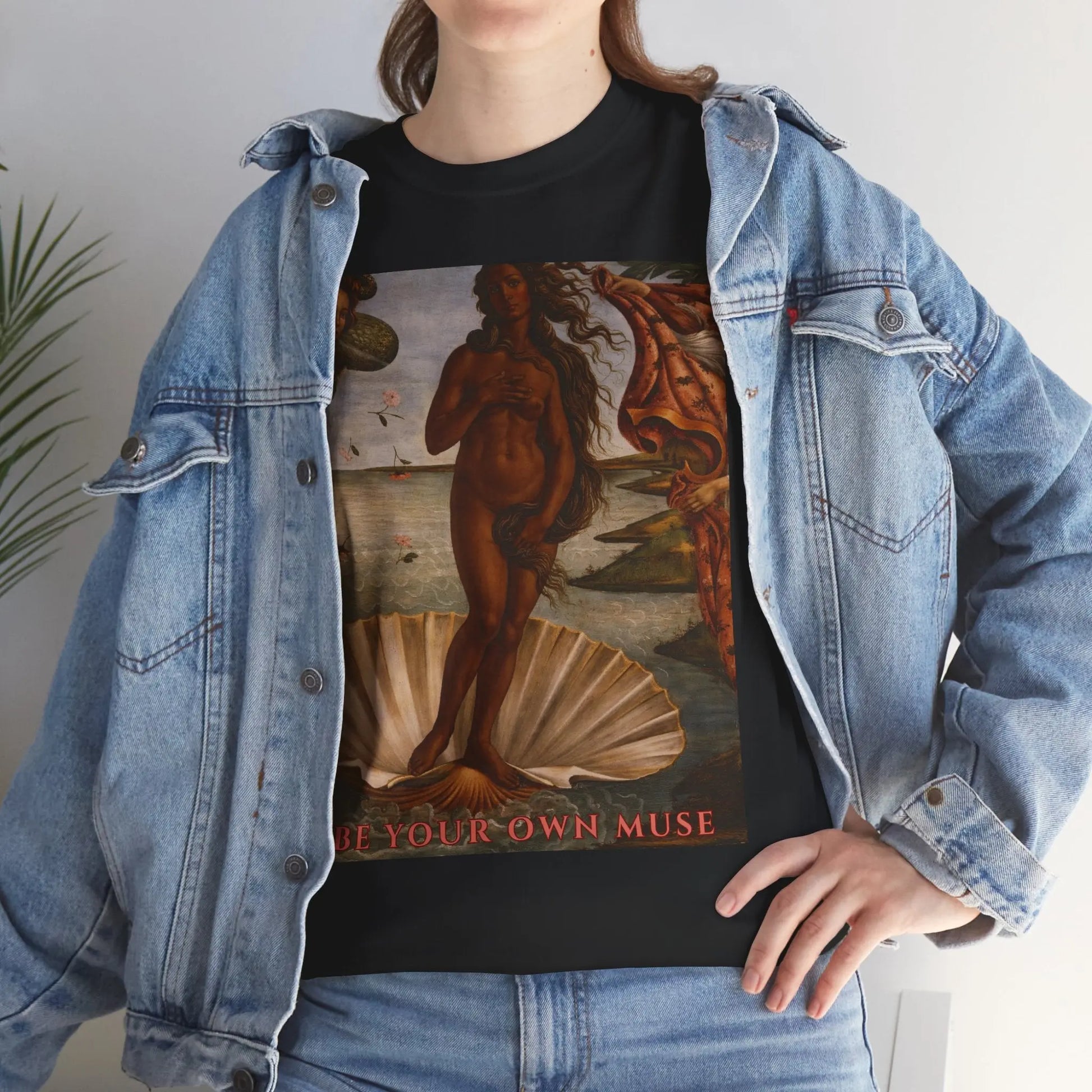 Renaissance goddess T-shirt for women with empowering "Be Your Own Muse" graphic, featuring inspiring feminine energy design.
