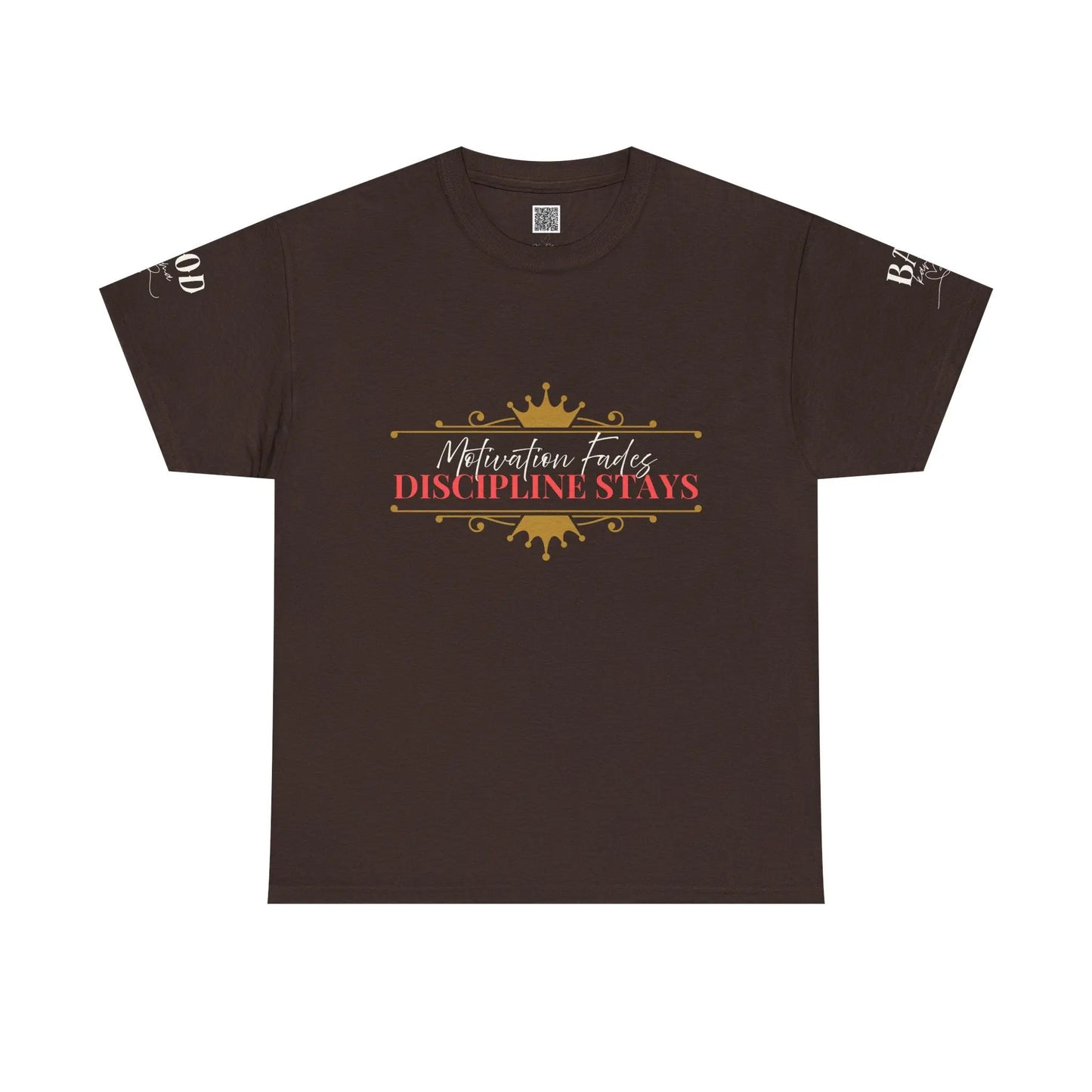 Women’s motivational graphic T-shirt with “Motivation Fades. Discipline Stays.” slogan, featuring empowering design on a Printify tee.