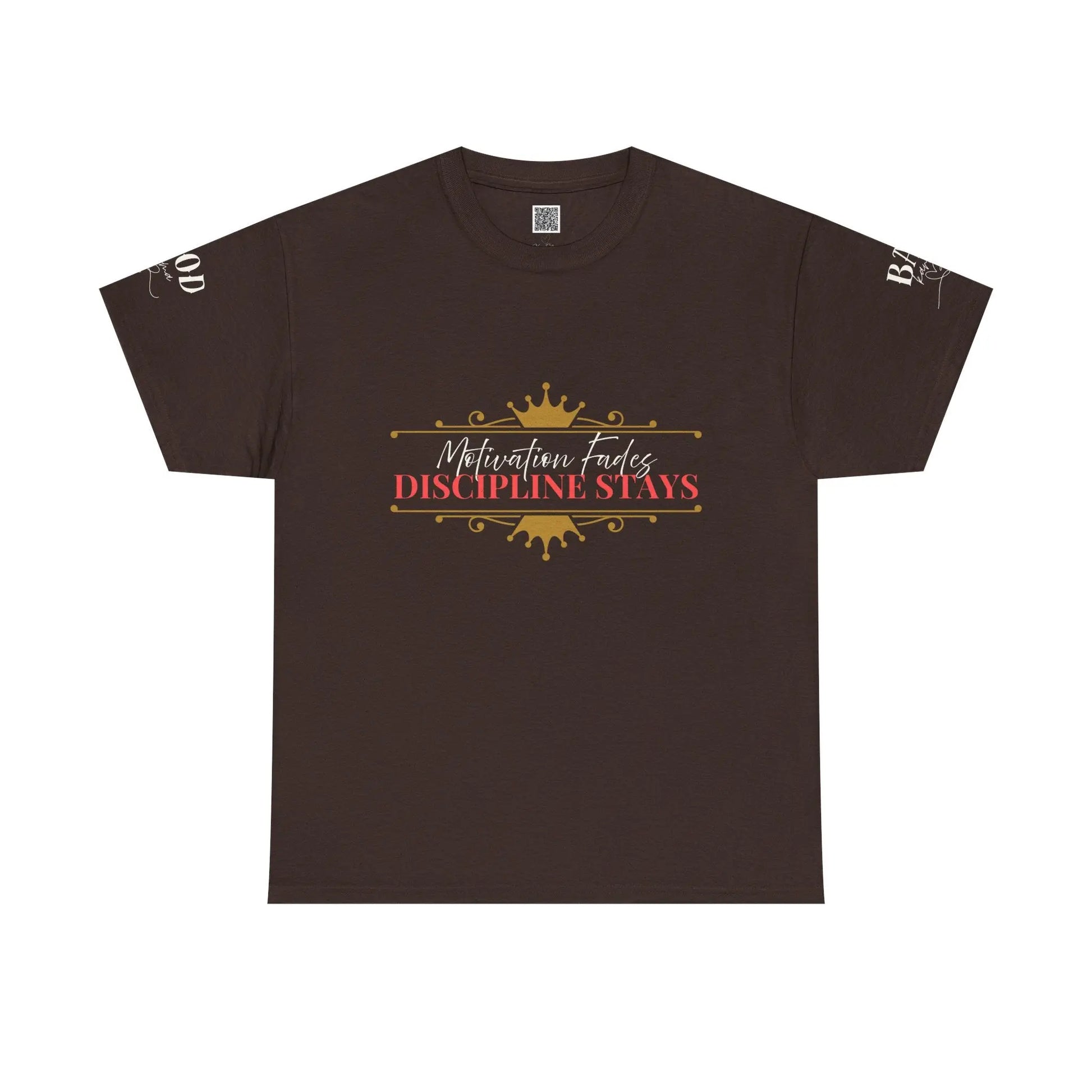Women’s motivational graphic T-shirt with “Motivation Fades. Discipline Stays.” slogan, featuring empowering design on a Printify tee.