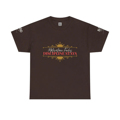 Women’s motivational graphic T-shirt with “Motivation Fades. Discipline Stays.” slogan, featuring empowering design on a Printify tee.