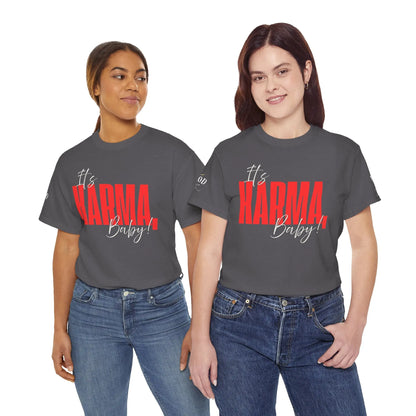 Women's "It’s Karma, Baby" graphic T-shirt by Printify featuring a motivational spiritual karma design on soft fabric.