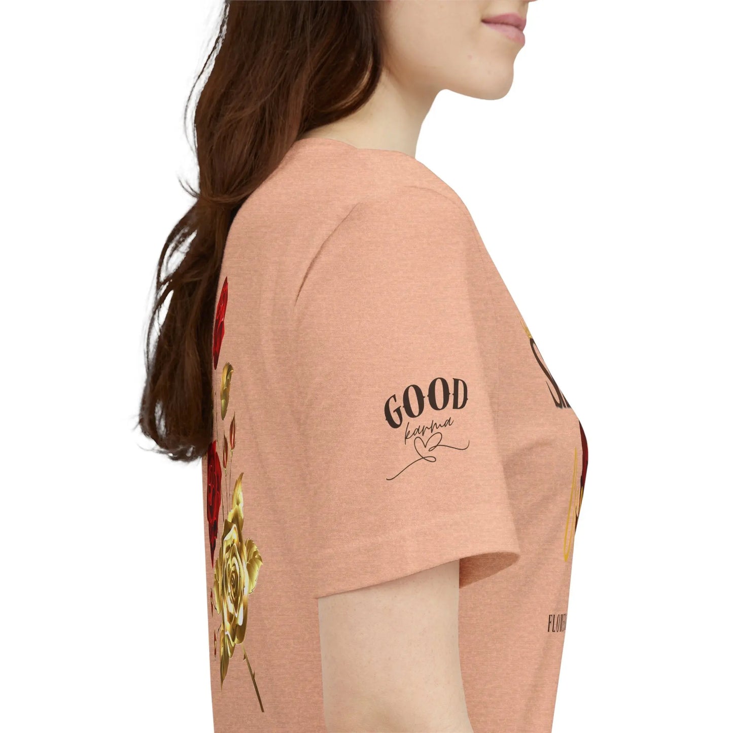 Soft pink "She Is The Occasion" women's motivational T-shirt by Printify with empowering self-love message and luxury aesthetic.