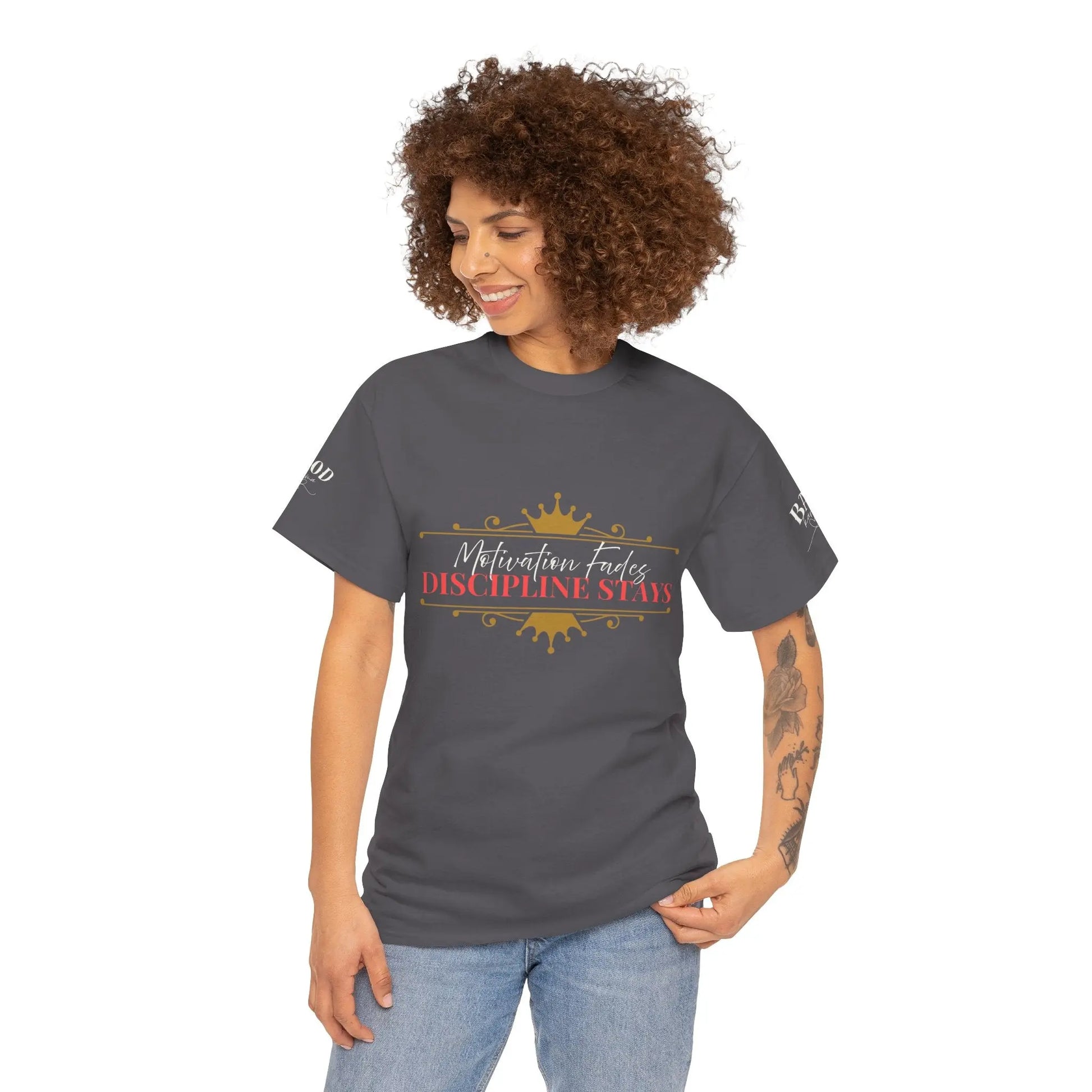 Women's motivational graphic T-shirt with "Motivation Fades. Discipline Stays." print, emphasizing empowerment and discipline.