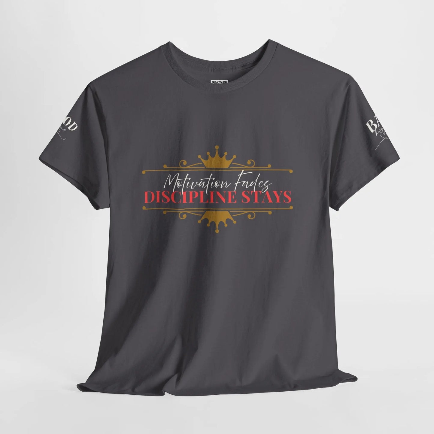 Women’s motivational graphic T-shirt with the phrase "Motivation Fades. Discipline Stays." in bold print, promoting empowerment and discipline.