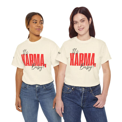 Women’s empowerment graphic T-shirt by Printify featuring the phrase “It’s Karma, Baby” in bold text on a casual tee.