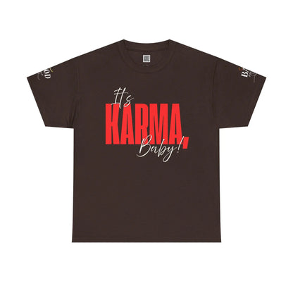 Women's "It’s Karma, Baby" graphic T-shirt by Printify featuring a motivational spiritual karma design on soft fabric.