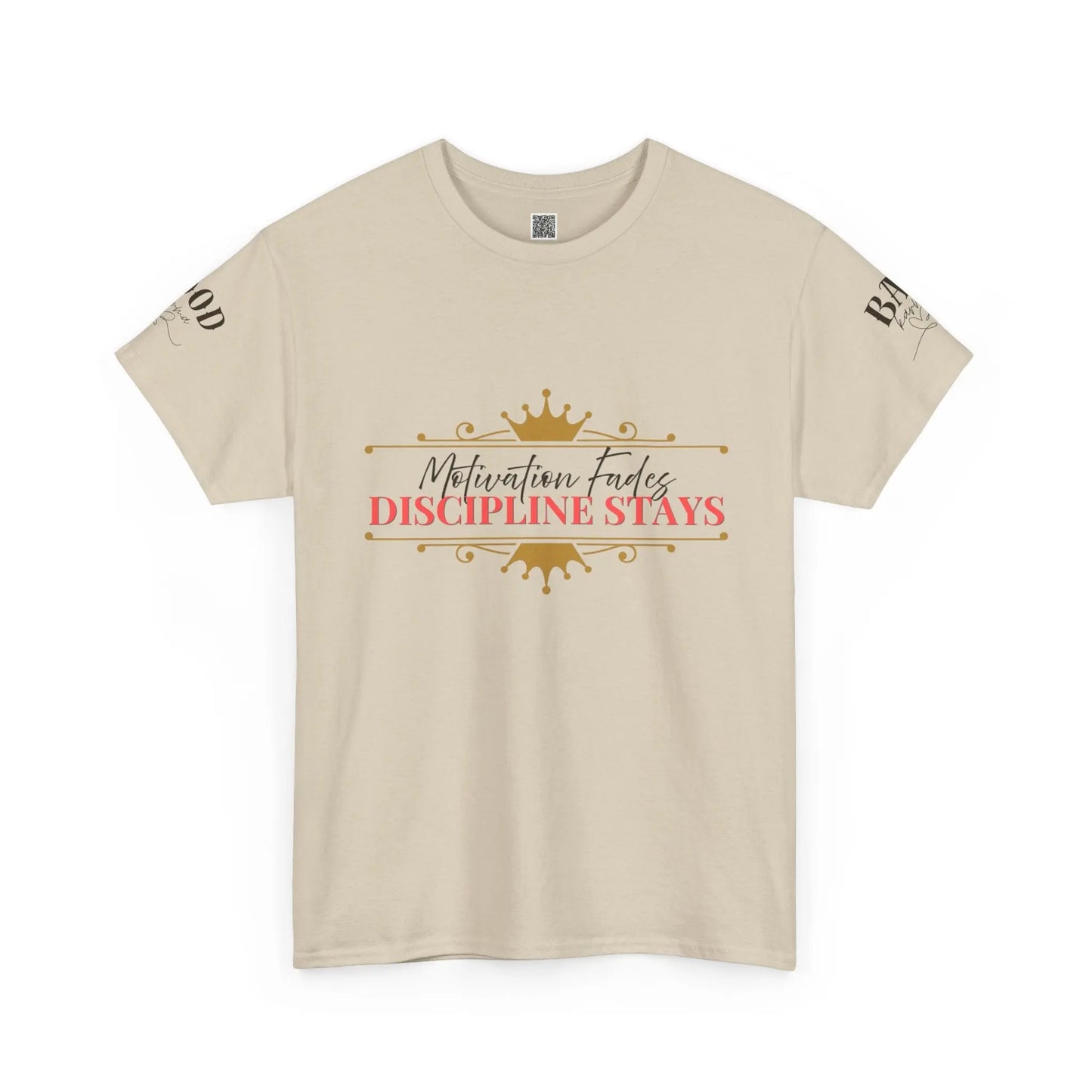 Women’s motivational graphic T-shirt with the phrase "Motivation Fades. Discipline Stays." in bold print, emphasizing empowerment and discipline.