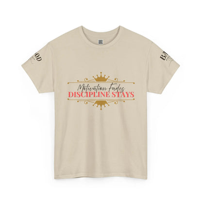 Women’s motivational graphic T-shirt with the phrase "Motivation Fades. Discipline Stays." in bold print, emphasizing empowerment and discipline.