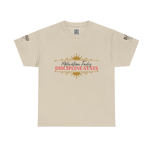 Black motivational T-shirt with "Motivation Fades. Discipline Stays." printed in white, featuring a casual fit and round neckline.