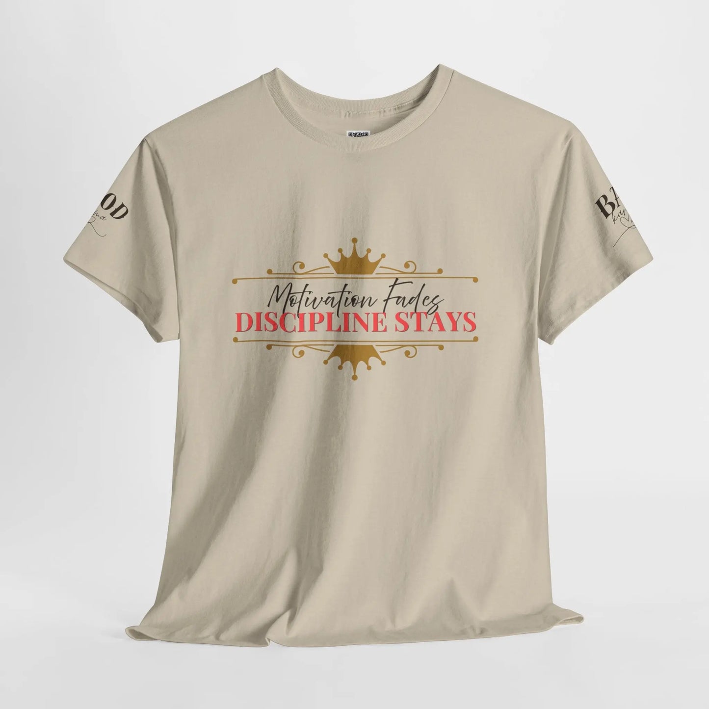 Women's motivational graphic T-shirt with "Motivation Fades. Discipline Stays." slogan, in black print on a comfortable cotton tee.