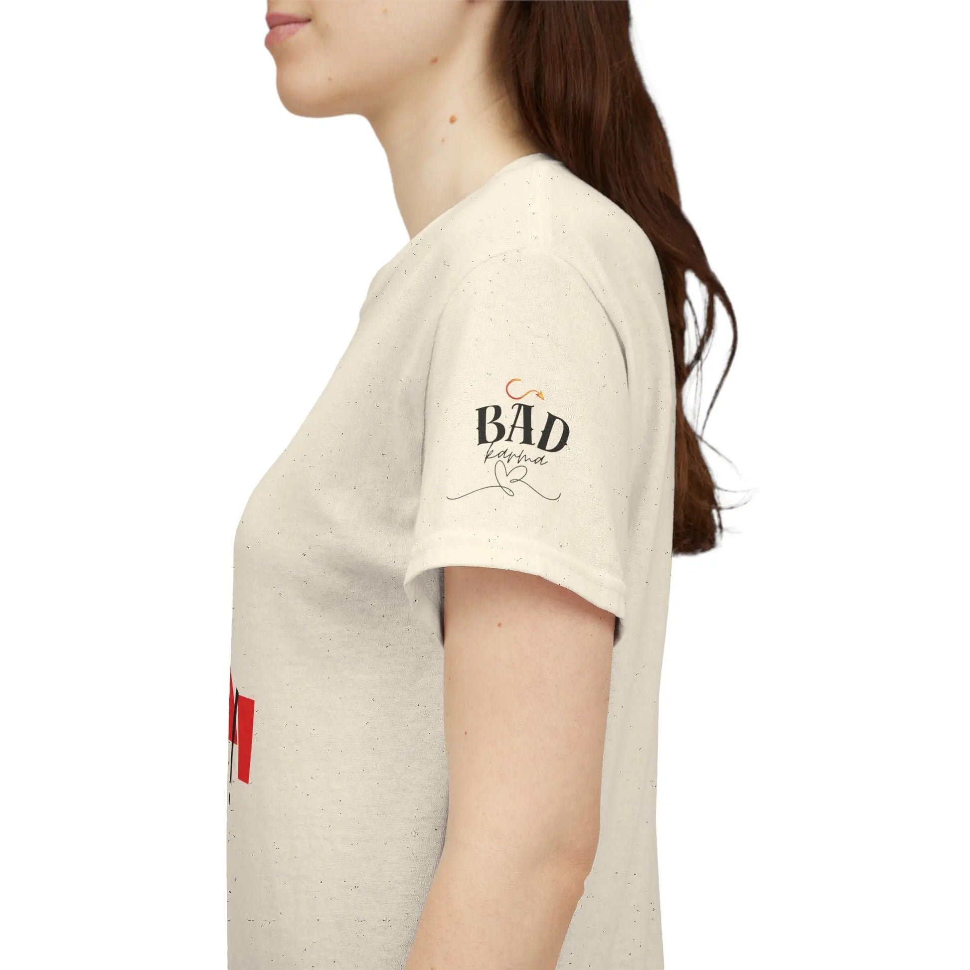 Women’s “It’s Karma, Baby” empowerment graphic T-shirt by Printify featuring motivational spiritual message on a casual tee.