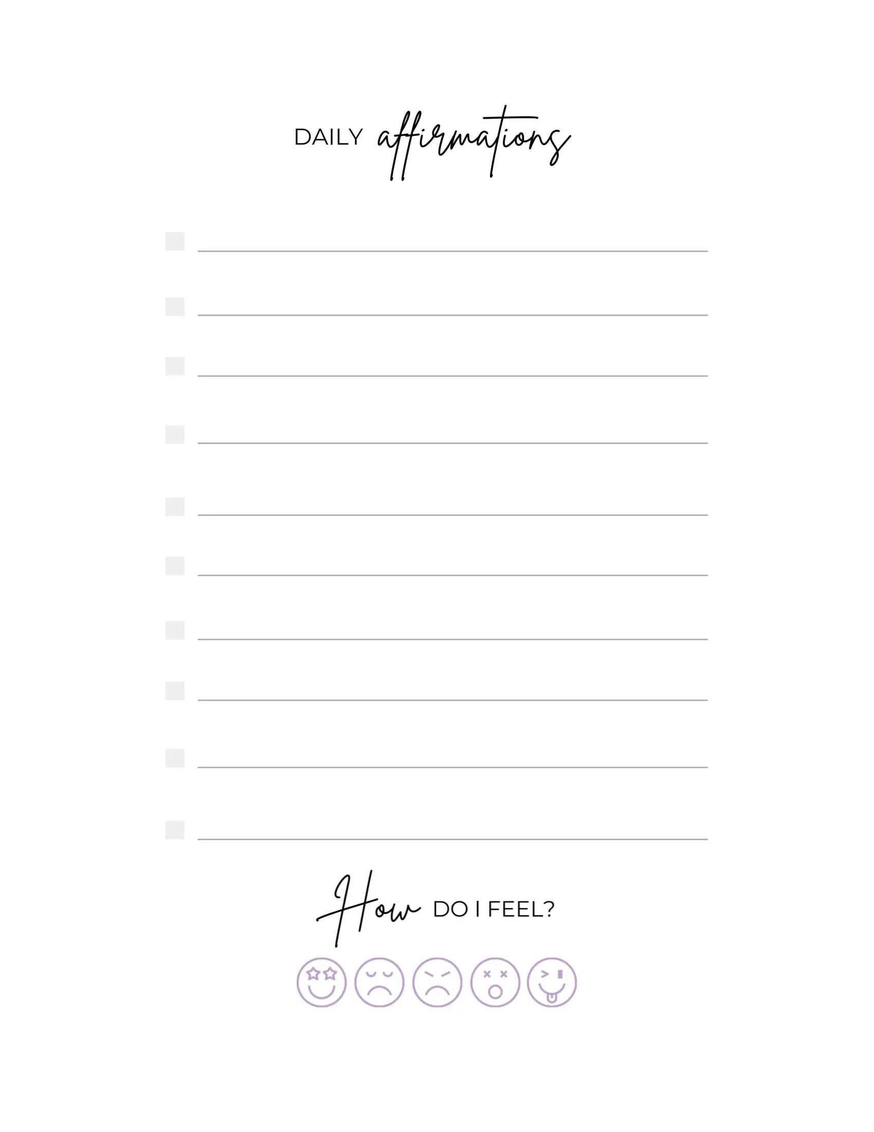 Love, Karma Marie Attitude of Gratitude 90-day planner with affirmations page, featuring positive quotes for daily motivation.