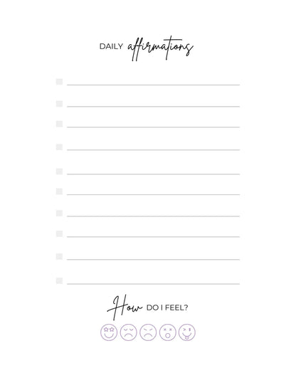 Love, Karma Marie Attitude of Gratitude 90-day planner with affirmations page, featuring positive quotes for daily motivation.