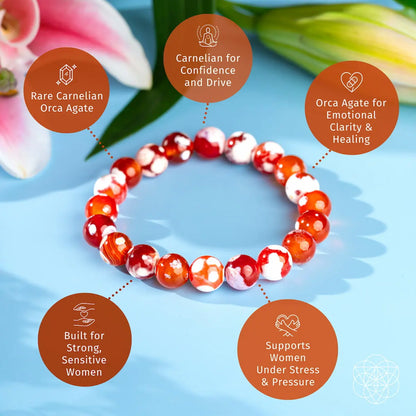 Feminine Force Carnelian Orca Agate bracelet by Conscious Items featuring vibrant orange and black patterned agate beads on a stretch band.