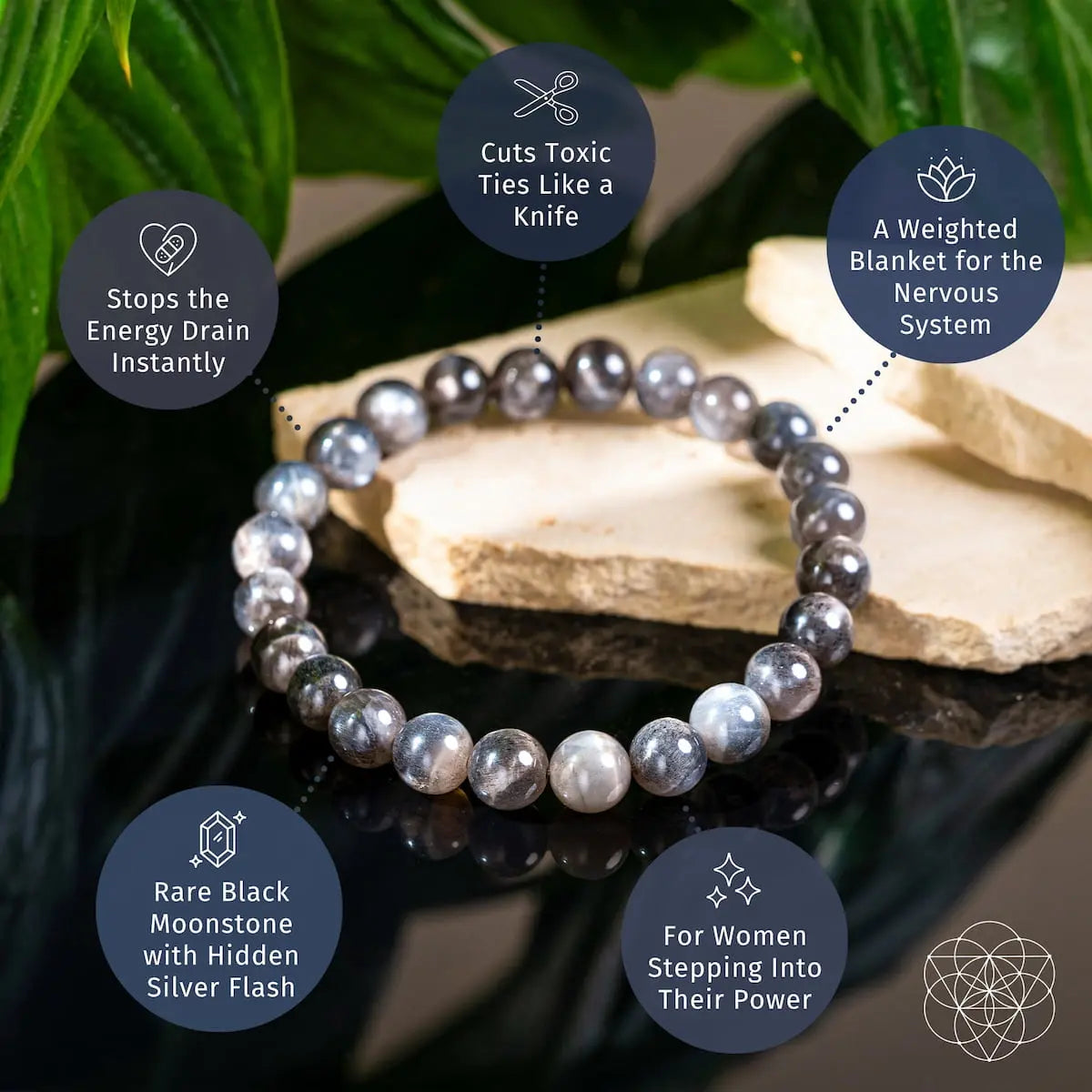 Black moonstone bracelet from Conscious Items' The Empath’s Cord Cutter collection, featuring a sleek, polished design.