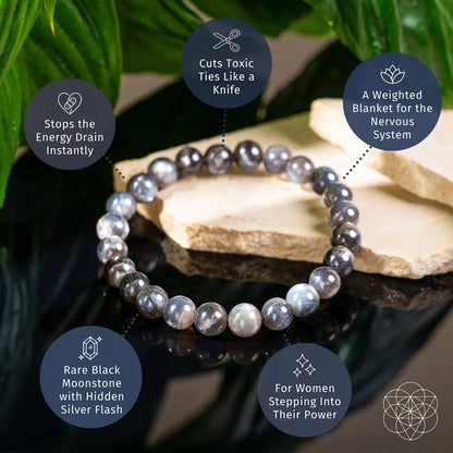 Black moonstone bracelet from Conscious Items' The Empath’s Cord Cutter collection, featuring a sleek, polished design.