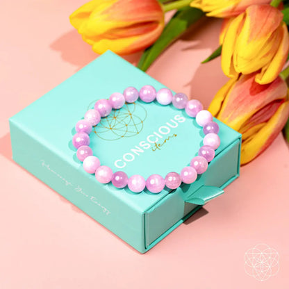 Pink Kunzite bracelet from Conscious Items featuring a delicate, handcrafted gemstone design for emotional healing and heart energy.