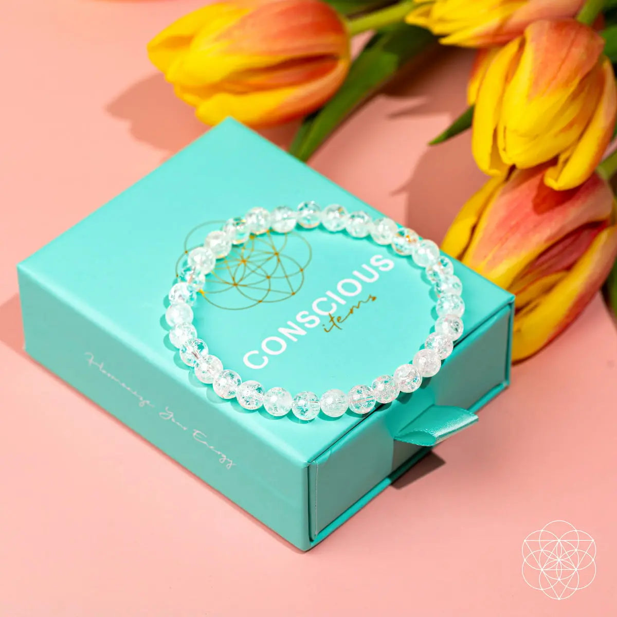 Conscious Items Ice Quartz bracelet featuring 6mm emotional ice bath-themed gemstone beads on a stretch cord.
