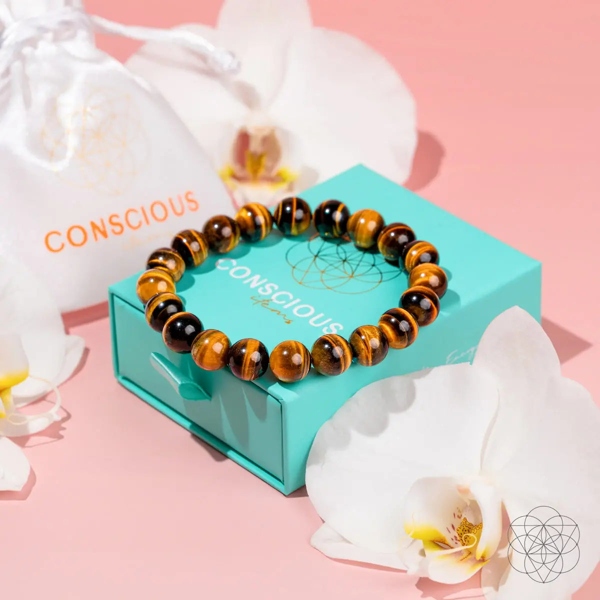 Conscious Items 7A Grade Tiger’s Eye bracelet featuring polished tiger’s eye beads and an adjustable cord.