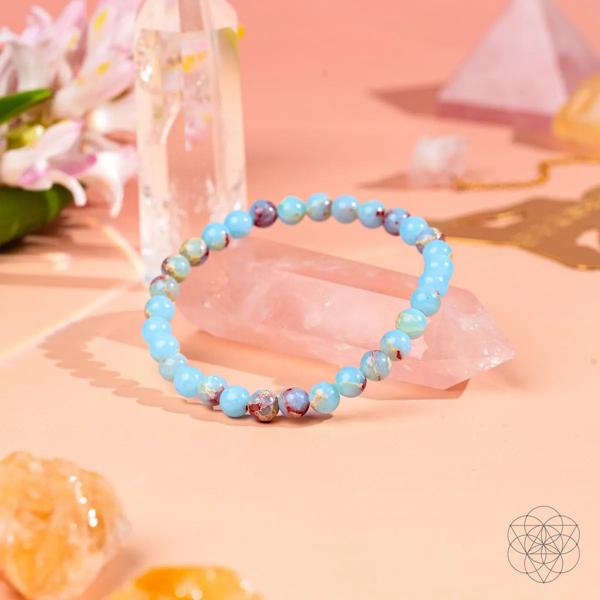 Aqua Terra Jasper bracelet by Conscious Items featuring 6mm round beads, styled as an Empath’s Shield accessory.