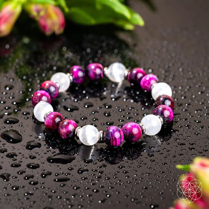 Pink Galaxy Tiger’s Eye bracelet by Conscious Items featuring pink and gold beads in a stylish jewelry design.