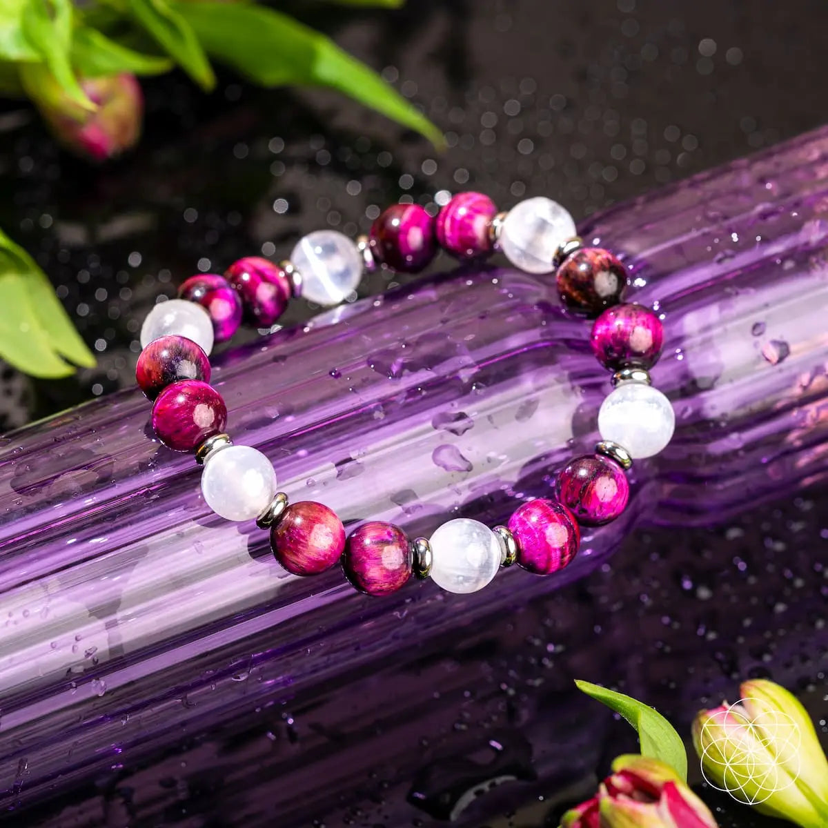 Pink Galaxy Tiger’s Eye bracelet by Conscious Items featuring polished beads and a delicate elastic band for stylish wear.