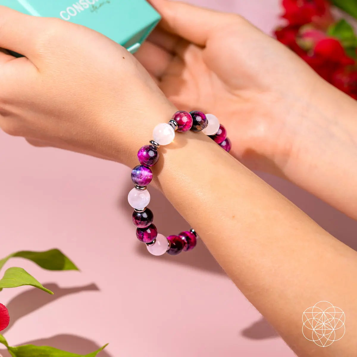 Pink Galaxy Tiger’s Eye bracelet by Conscious Items featuring smooth, polished beads and a vibrant galaxy-inspired design.