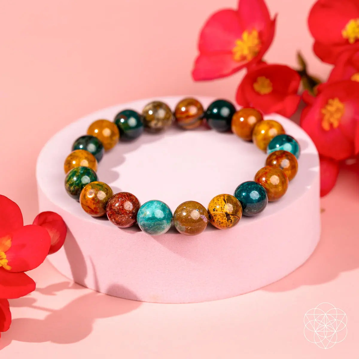 Ocean Jasper bracelet by Conscious Items featuring polished beads with vibrant, earthy colors and a stretch elastic design.