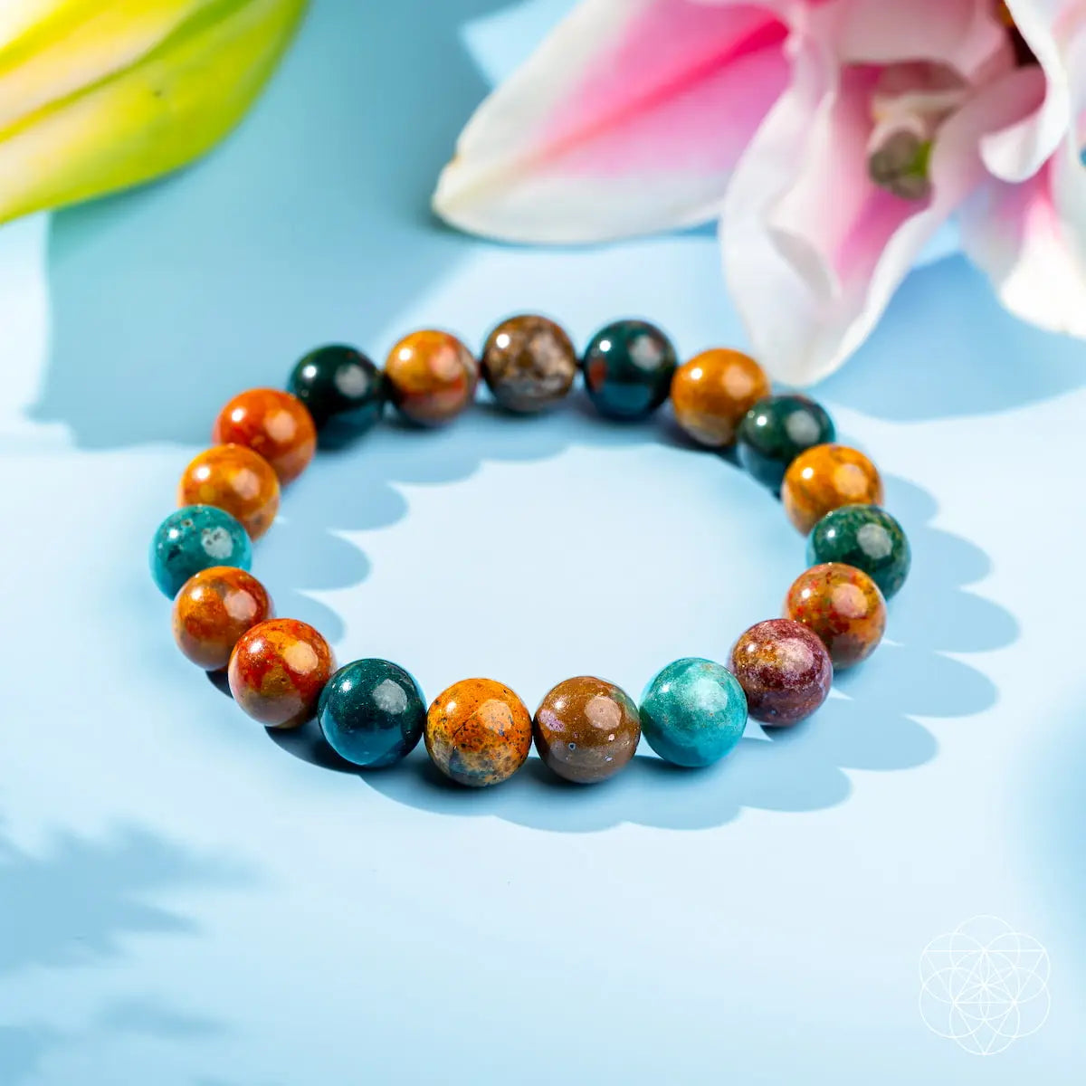 Ocean Jasper bracelet from Conscious Items featuring smooth, polished beads with natural green and white patterns.