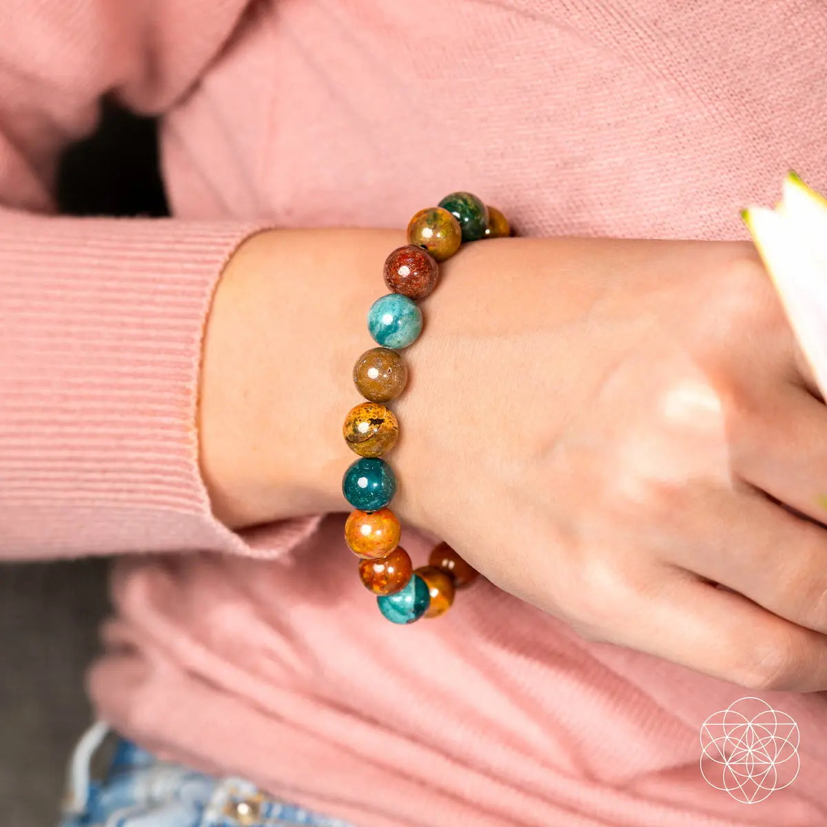 Ocean Jasper bracelet by Conscious Items featuring natural, polished stones on a durable elastic band.