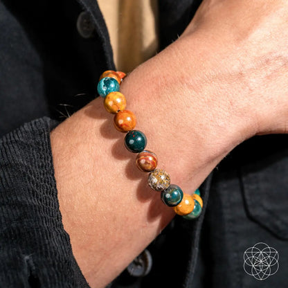 Ocean Jasper bracelet by Conscious Items featuring round, polished beads with natural green and white patterns, designed for mindfulness.