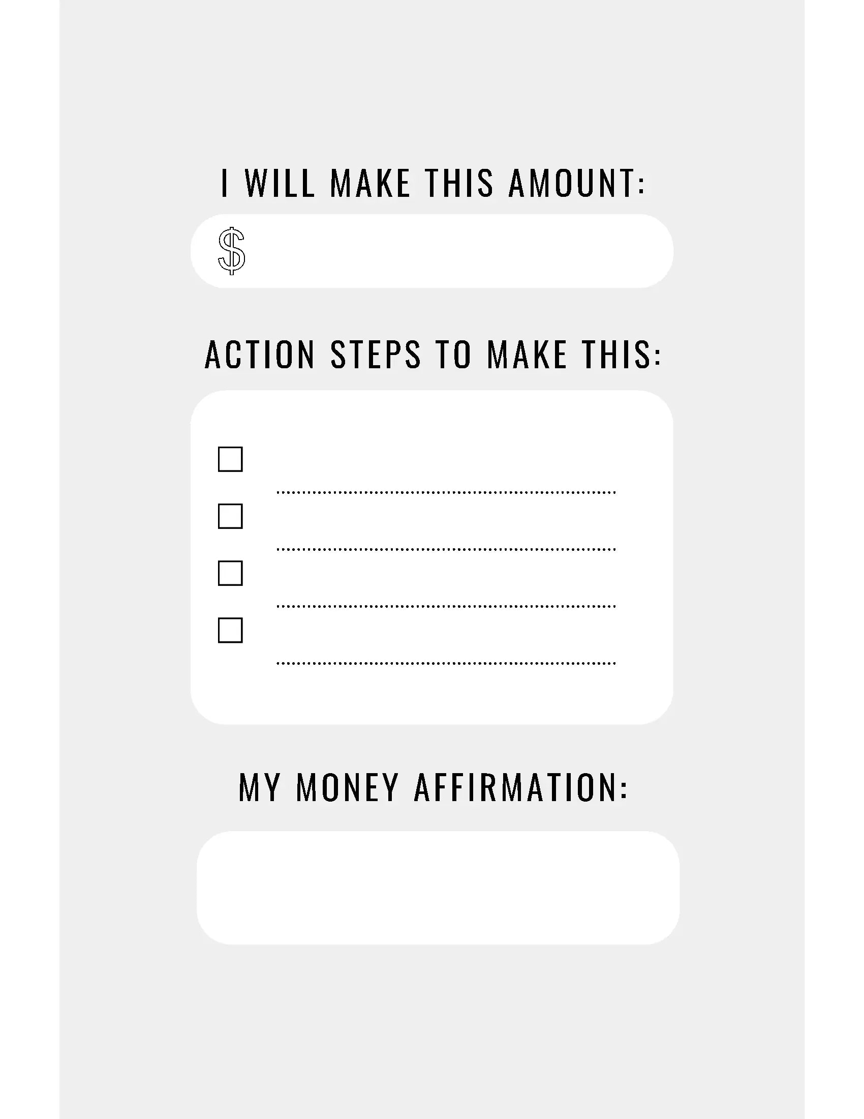 Love, Karma Marie My Finance Journal money tracker planner page with manifesting goals and financial tracking elements.