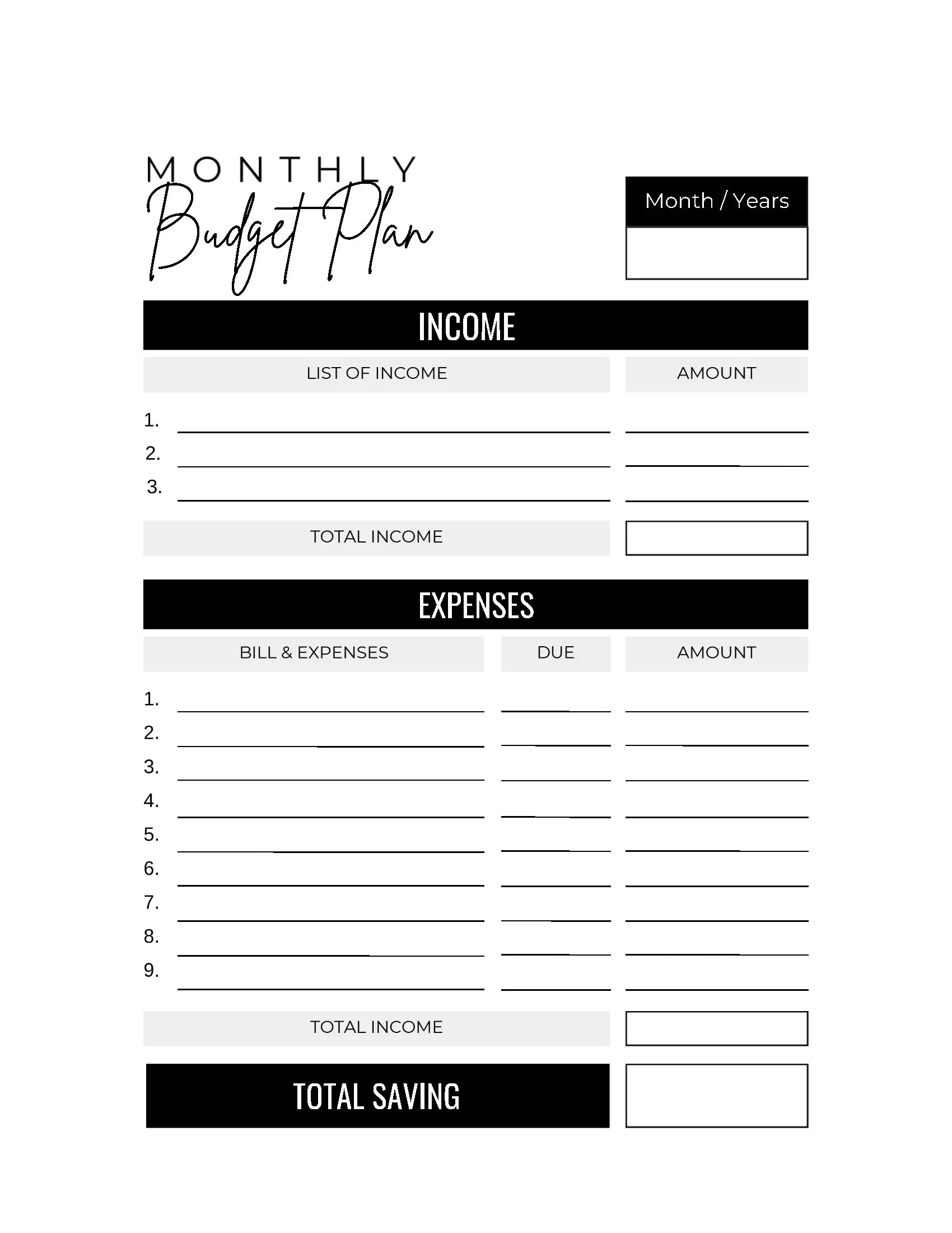 Monthly budget planner page from Love, Karma Marie's My Finance Journal: Money Tracker, showing sections for tracking income and expenses.