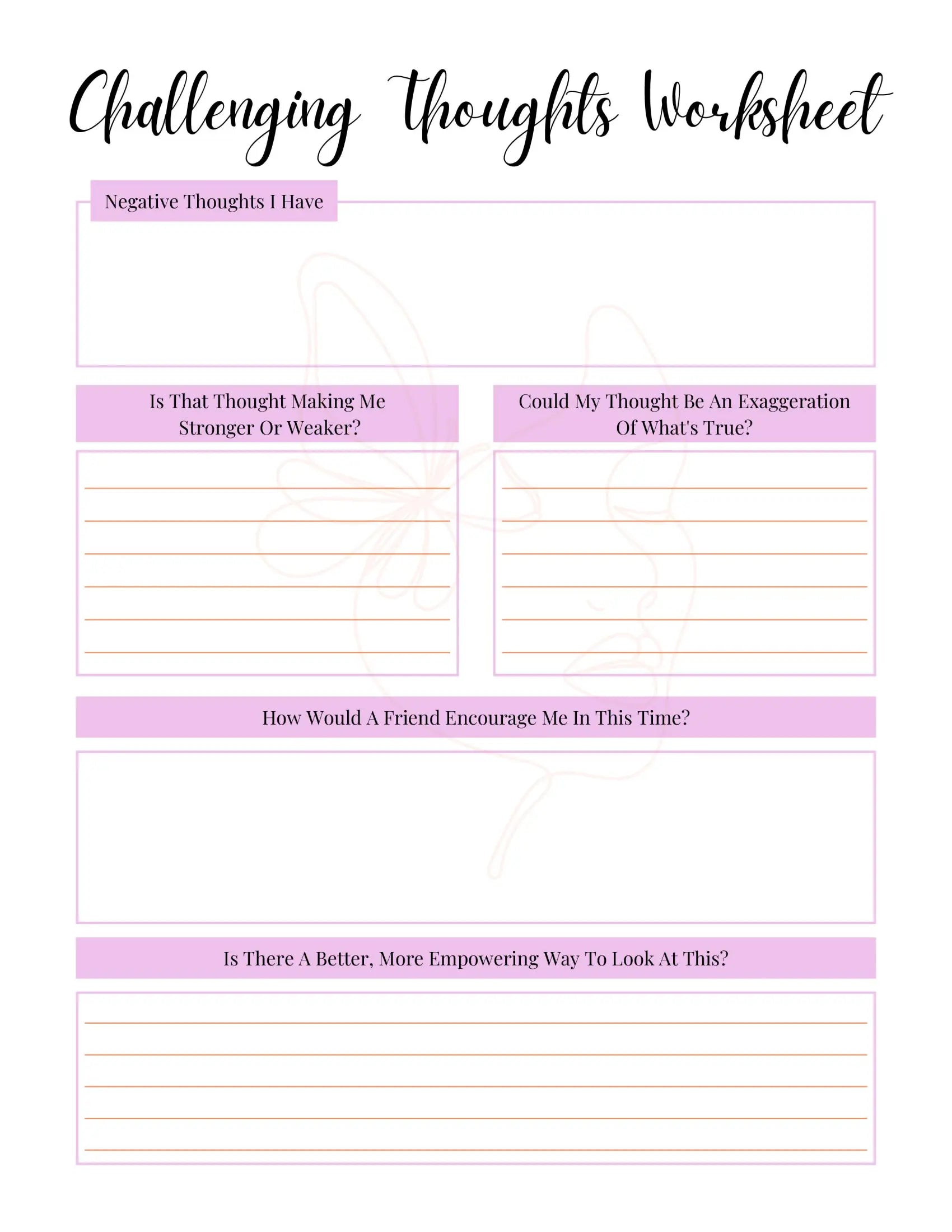 A journal page titled "Thoughts Worksheet" from the Rise Above journal by Love, Karma Marie, featuring prompts for overcoming fear.