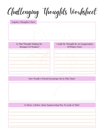 A journal page titled "Thoughts Worksheet" from the Rise Above journal by Love, Karma Marie, featuring prompts for overcoming fear.